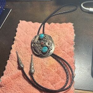 VINTAGE Navajo Sterling  Silver and Kingman Turquoise Western Bolo Tie